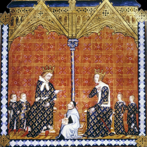 Charles V le Sage et Jeanne de Bourbon avec leurs enfants - Charles VI de France, Louis Ier d'Orléans, Marie et Isabelle - en 1374 - miniature du Rational des divins offices du Frère Jehan Golem, carme - au centre